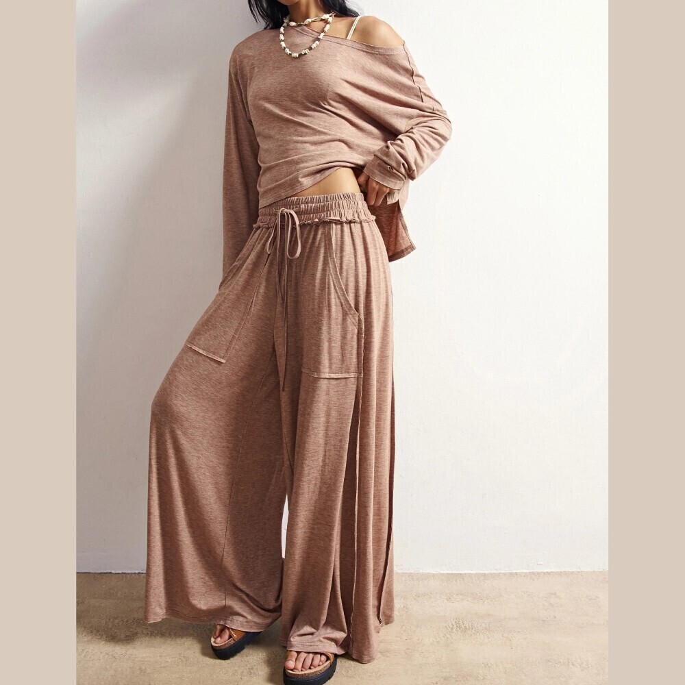 Tan Heathered Asymmetrical Neck Oversized Top & Ultra Wide Leg Pants Set